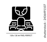 Mission control pixel perfect black glyph icon. Space ship. Spacecraft cabin. Monitoring center. Command post. Silhouette symbol on white space. Solid pictogram. Vector isolated illustration