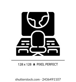 Mission control pixel perfect black glyph icon. Space ship. Spacecraft cabin. Monitoring center. Command post. Silhouette symbol on white space. Solid pictogram. Vector isolated illustration