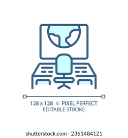 Mission control pixel perfect light blue icon. Space ship. Spacecraft cabin. Monitoring center. RGB color sign. Simple design. Web symbol. Contour line. Flat illustration. Isolated object