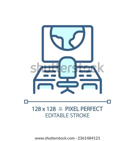 Mission control pixel perfect light blue icon. Space ship. Spacecraft cabin. Monitoring center. RGB color sign. Simple design. Web symbol. Contour line. Flat illustration. Isolated object
