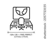 Mission control pixel perfect linear icon. Space ship. Spacecraft cabin. Monitoring center. Command post. Thin line illustration. Contour symbol. Vector outline drawing. Editable stroke