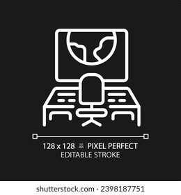 Mission control pixel perfect white linear icon for dark theme. Space ship. Spacecraft cabin. Monitoring center. Command post. Thin line illustration. Isolated symbol for night mode. Editable stroke