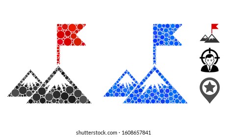 Mission flag composition of filled circles in variable sizes and color hues, based on mission flag icon. Vector filled circles are grouped into blue composition.