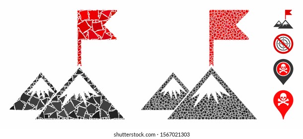 Mission flag composition of trembly pieces in variable sizes and color tinges, based on mission flag icon. Vector uneven elements are combined into composition.