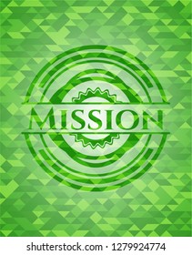 Mission green emblem with mosaic background
