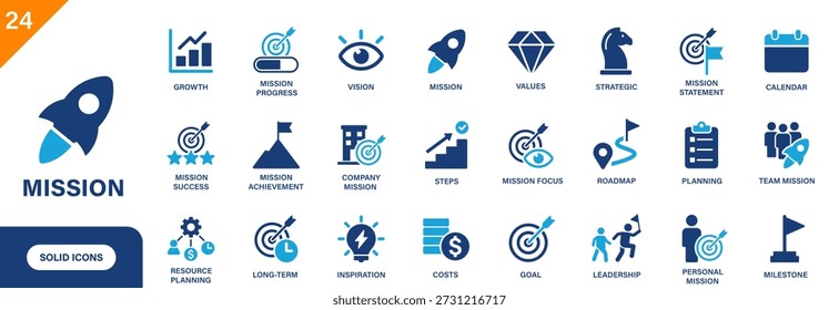 Icono de la misión. Incluye visión, valores, estrategia, misión del equipo, hito, meta. Colección de iconos de vectores sólidos.