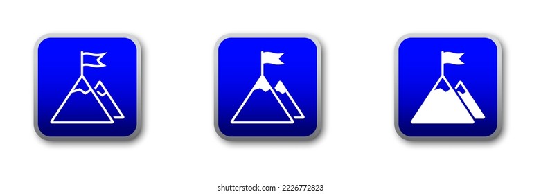 Mission icon on a blue gradient sticker. Flag on mountain icon. Flat vector illustration.