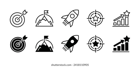 Mission icon set. Contains goal, objective, target arrow, success, rocket, achievement, mountain summit, and aim arrow. Vector illustration