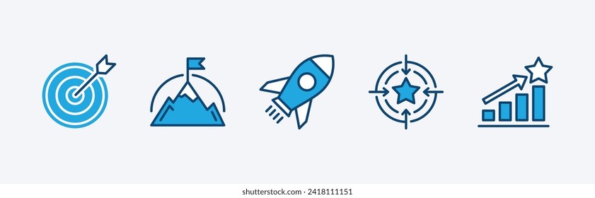 Mission icon set. Contains goal, objective, target arrow, success, rocket, mountain summit, aim, and achievement icon symbol. Vector illustration