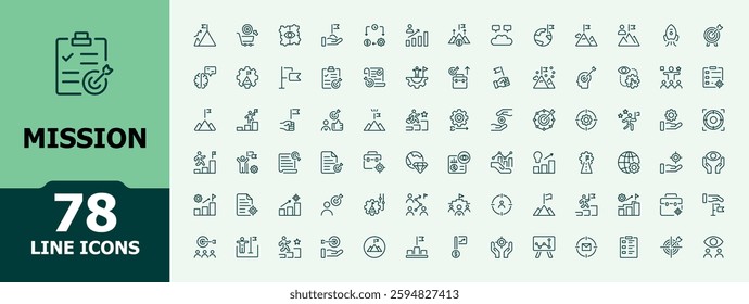 Mission icon set. Includes thin line diamond, binocular, global, metaphor, task, company and more. Outline symbol collection. Minimalistic icon.