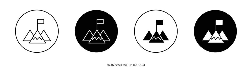 Mission icon set. Mountain flag success vector symbol in a black filled and outlined style. Success flag sign.