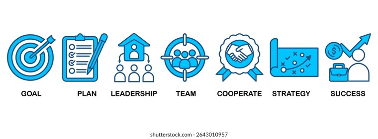 Concepto de la Ilustración vectorial del conjunto del icono de la misión con el icono de la meta, del Plan, de la dirección, del equipo, coopera, de la estrategia y del éxito