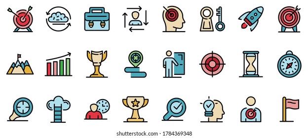 Mission icons set. Outline set of mission vector icons thin line color flat on white