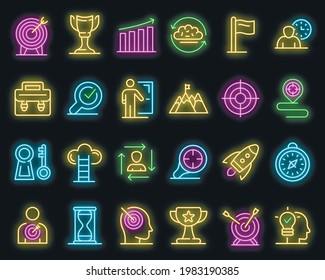 Mission icons set. Outline set of mission vector icons neon color on black