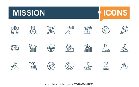 Mission line icon. It contains symbols to presentation, objective, enterprise, flag, success, new horizons, rocket, achieve. Collection for mobile and web apps. Editable stroke.