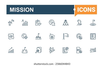 Mission line icon. It contains symbols to presentation, objective, enterprise, flag, success, new horizons, rocket, achieve. Collection for mobile and web apps. Editable stroke.