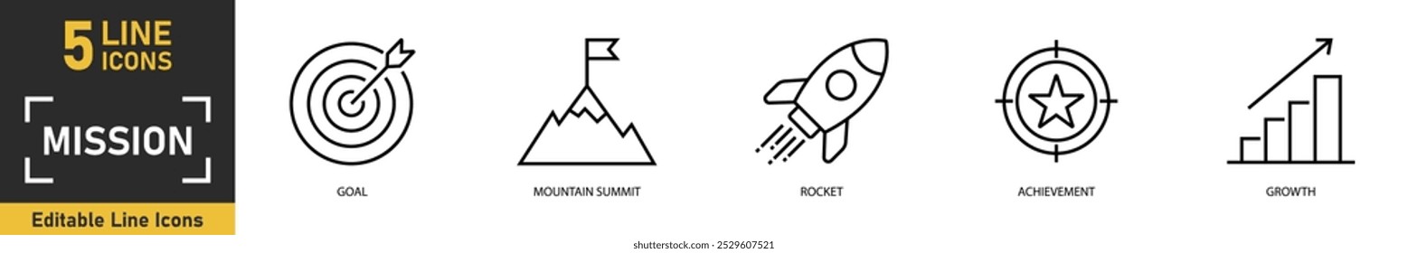 Mission line icon set. Set of 5 outline icons related to mission, goal, mountain summit, rocket, achievement, growth and more. Vector illustration.