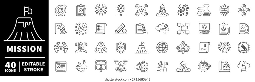 Conjunto de iconos de línea de misión. Iconos de línea delgada colección relacionada con la misión. Paquete de iconos de contorno. Misión, Visión, Enfoque central, Valor central, Investigación, Valores, Excelencia, Ideas, Ilustración de objetivos.