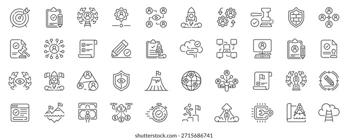 Mission line icons set. Thin line icons collection related to mission. Outline icons pack. Mission, Vision, Core Focus, Core Value, Research, Values, Excellence, Ideas, Goal illustration.
