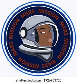 Mission to Mars - circular emblem. African American woman in a spacesuit - vector. Space exploration.
