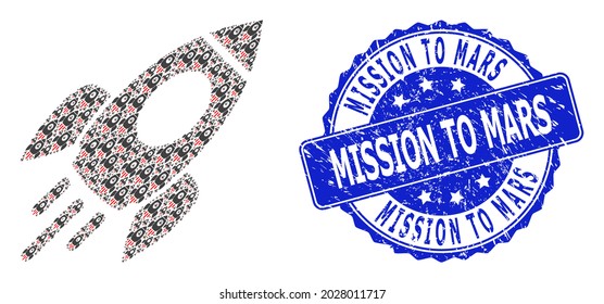 Mission to Mars corroded round seal print and vector recursion mosaic space rocket. Blue seal has Mission to Mars tag inside round shape. Vector mosaic is organized of random space rocket pictograms.