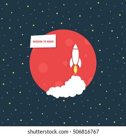 mission to mars with red planet. concept of sci-fi, futuristic, orb, desert, spacecraft, trip, explore, voyage, settlement, trajectory, surface. flat style trend modern graphic design on background