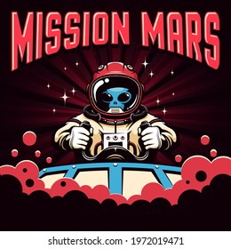 Mission Mars retro poster with alien pilot. Martian pilot at the helm vintage poster. Vector illustration.