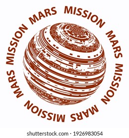 Mission to Mars - round emblem with technical symbols - isolated on white background - vector. Space exploration.