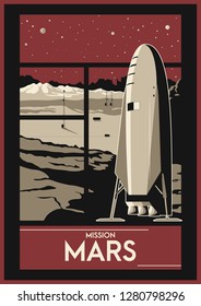 Mission Mars Space Poster Martian Surface, Base, Rocket ans 