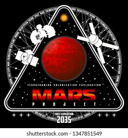 Mission to mars vector logo. Mars planet, space, sun and stars. For decoration, print or advertising. 
