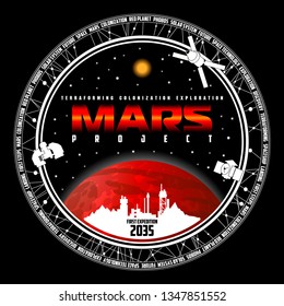 Mission to mars vector logo. Mars planet, space, sun and stars. For decoration, print or advertising. 
