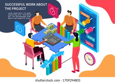 Mission, optimization, planning,  presentation, consulting and other materials. Time management. Creative team work with new creative project, isometric flat vector concept.