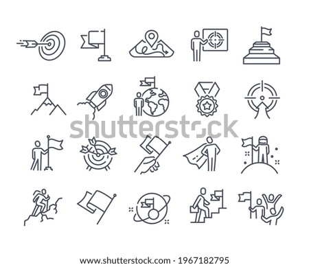 Mission, purpose, objective, aim outline icons. Business concepts. Businessman with flag, achievement and goal icons. Editable stroke. Set of flat vector illustrations isolated on white background