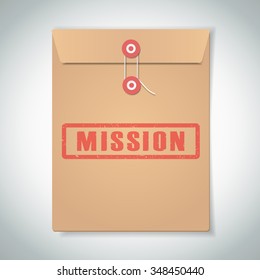 Mission red stamp text on brown folder