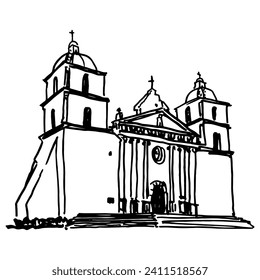 Mission Santa Barbara in California, United States. Misión de Santa Bárbara. Hand drawn linear doodle rough sketch. Black and white silhouette.