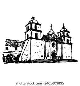 Mission Santa Barbara. Misión de Santa Bárbara. Hand drawn linear doodle rough sketch. Black and white silhouette.