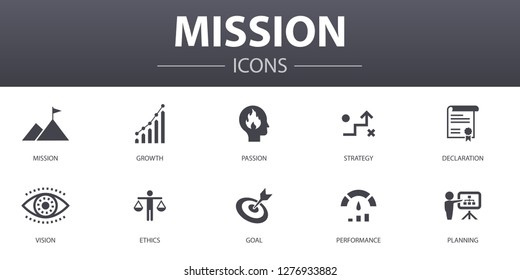 mission simple concept icons set. Contains such icons as growth, passion, strategy, performance and more, can be used for web, logo, UI/UX