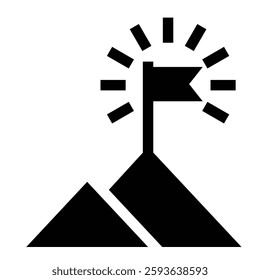 mission solid icon, representing goal, strategy, vision, business, featuring a mountain with a flag at its peak