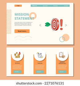Plantilla del sitio web de la página de aterrizaje plana de la declaración de la misión. Ingresos, plazos, descripción del producto. Banner web con encabezado, contenido y pie de página. Ilustración vectorial.