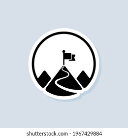 Mission sticker, logo, icon. Vector. Goal. Mountain with a flag. Vector on isolated background. EPS 10