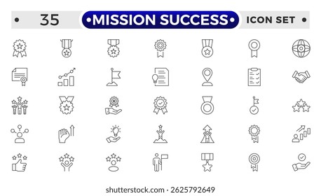 Mission Success outline web icons set. Success, achievement, successful, strategy, winner, teamwork, goal, brainstorm, challenge and task. 
