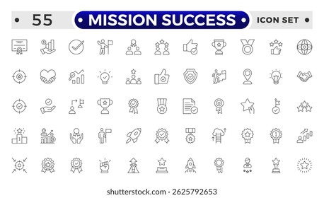 Mission Success outline web icons set. Success, achievement, successful, strategy, winner, teamwork, goal, brainstorm, challenge and task. 

