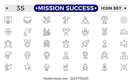 Mission Success outline web icons set. Success, achievement, successful, strategy, winner, teamwork, goal, brainstorm, challenge and task. 

