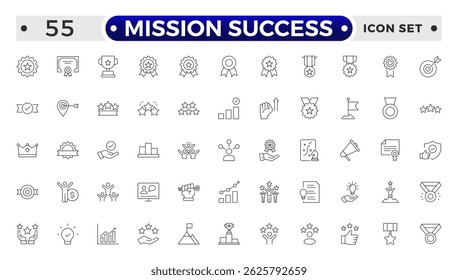 Mission Success outline web icons set. Success, achievement, successful, strategy, winner, teamwork, goal, brainstorm, challenge and task. 

