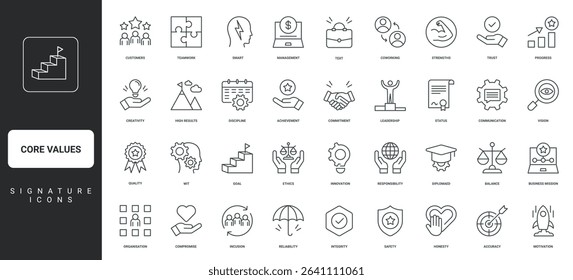 Mission and target, goal progress, teamwork commitment thin black outline symbols vector illustration. Core values, business integrity and quality of communication, high results line icon set.