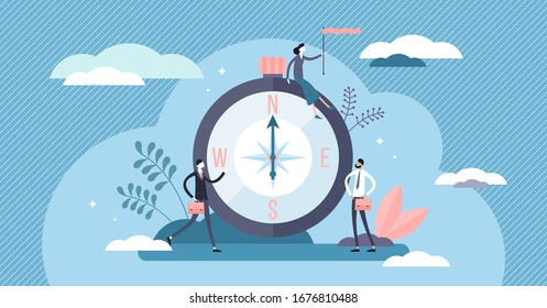 Mission vector illustration. Business path direction in flat tiny person concept. Abstract project strategy metaphor with compass and businessman. Company manager teamwork with future direction vision