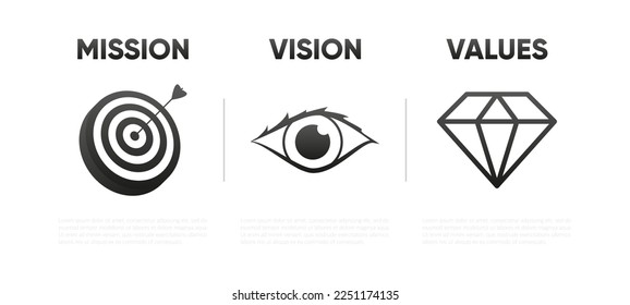 Mission, Vision and company Values. Modern flat design. Target business concept. Mission symbol. Business Presentation. Vector illustration.