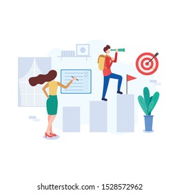 Mission & Vision concept in business with vector icon. businessman and telescope. monocular. Symbol leadership, strategy, mission, objectives. Vector flat cartoon character design illustration.