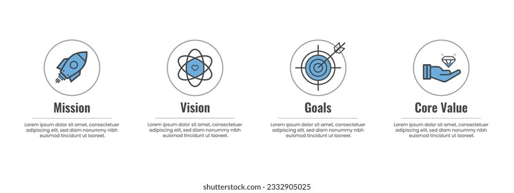 Mission, Vision and core values template with eye catchy icons, business starting decision steps, vector illustration eps 10