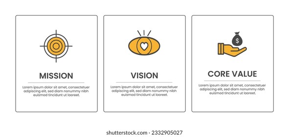 Mission, Vision and core values template with eye catchy icons, business starting decision steps, vector illustration eps 10